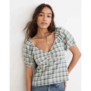 Madewell Plaid Puff-Sleeve Ruched Bodice Top S
